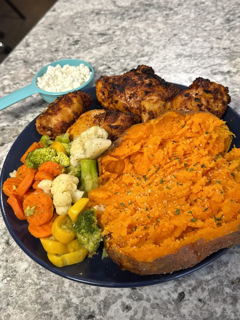 Blackened Chicken Thighs & Baked Sweet Potato
