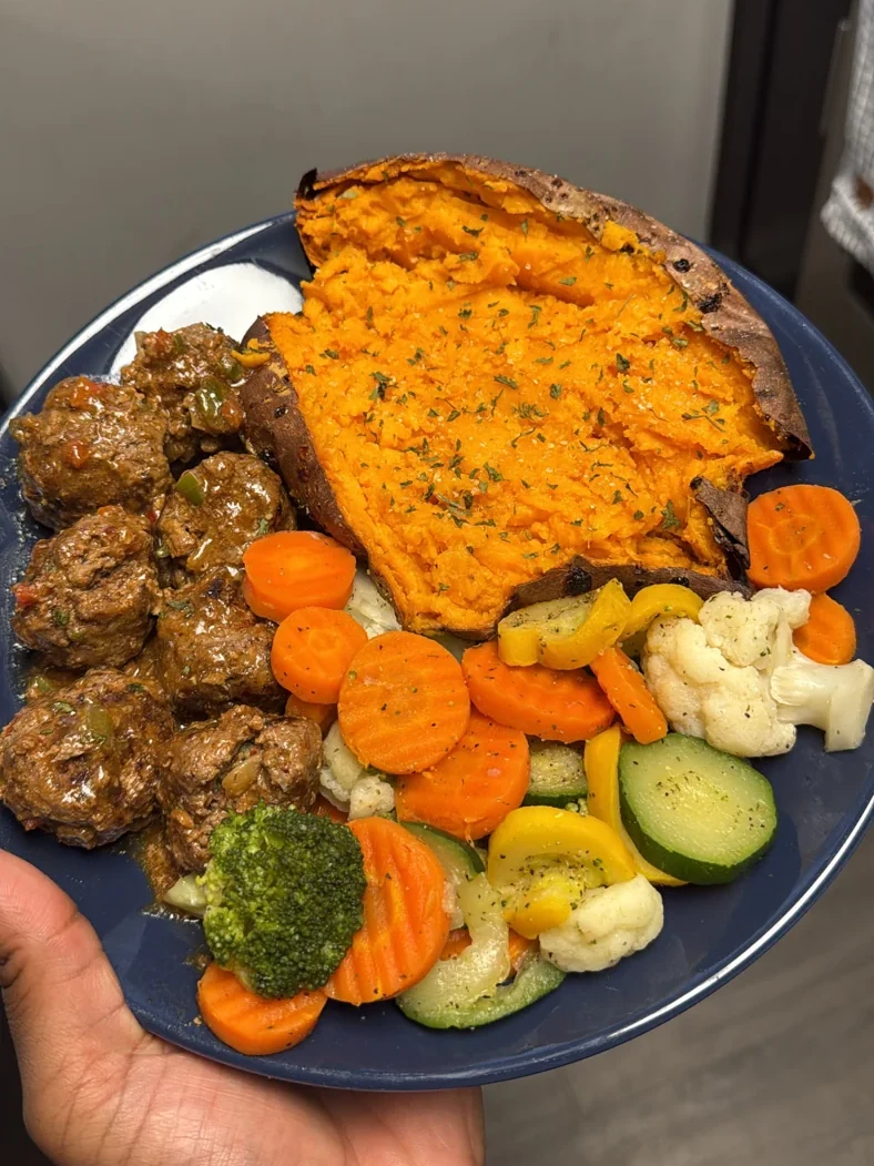 Smothered Beef Meatballs & Baked Sweet Potato